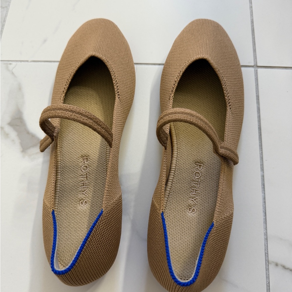 Rothy's Mary Jane Tan Ballet Flats with Blue Accent